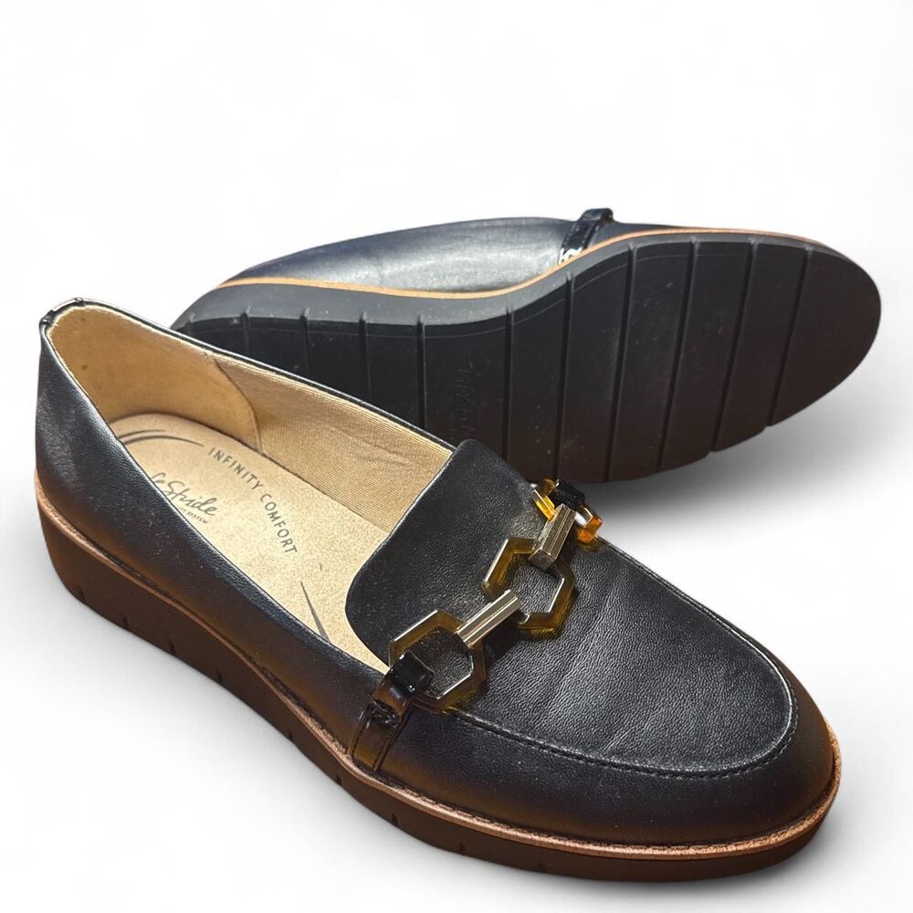 Lifestride Women's Black and Gold Loafers Tortoise Shell Accents Comfort SlipOn